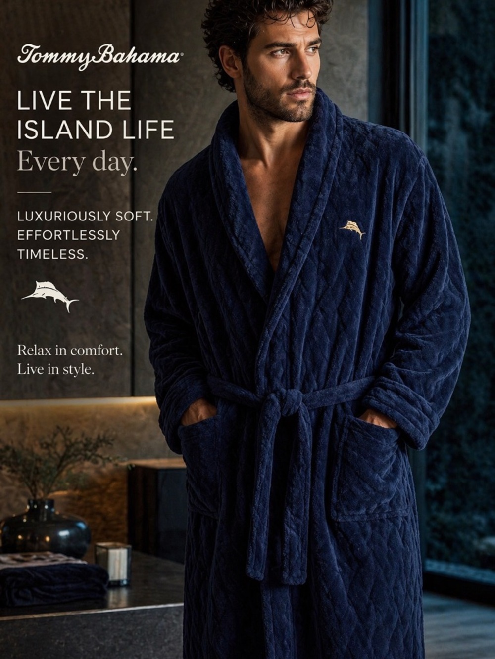 Tommy Bahama Navy Plush Shawl-Collar Robe with Belt S/M Luxury Soft